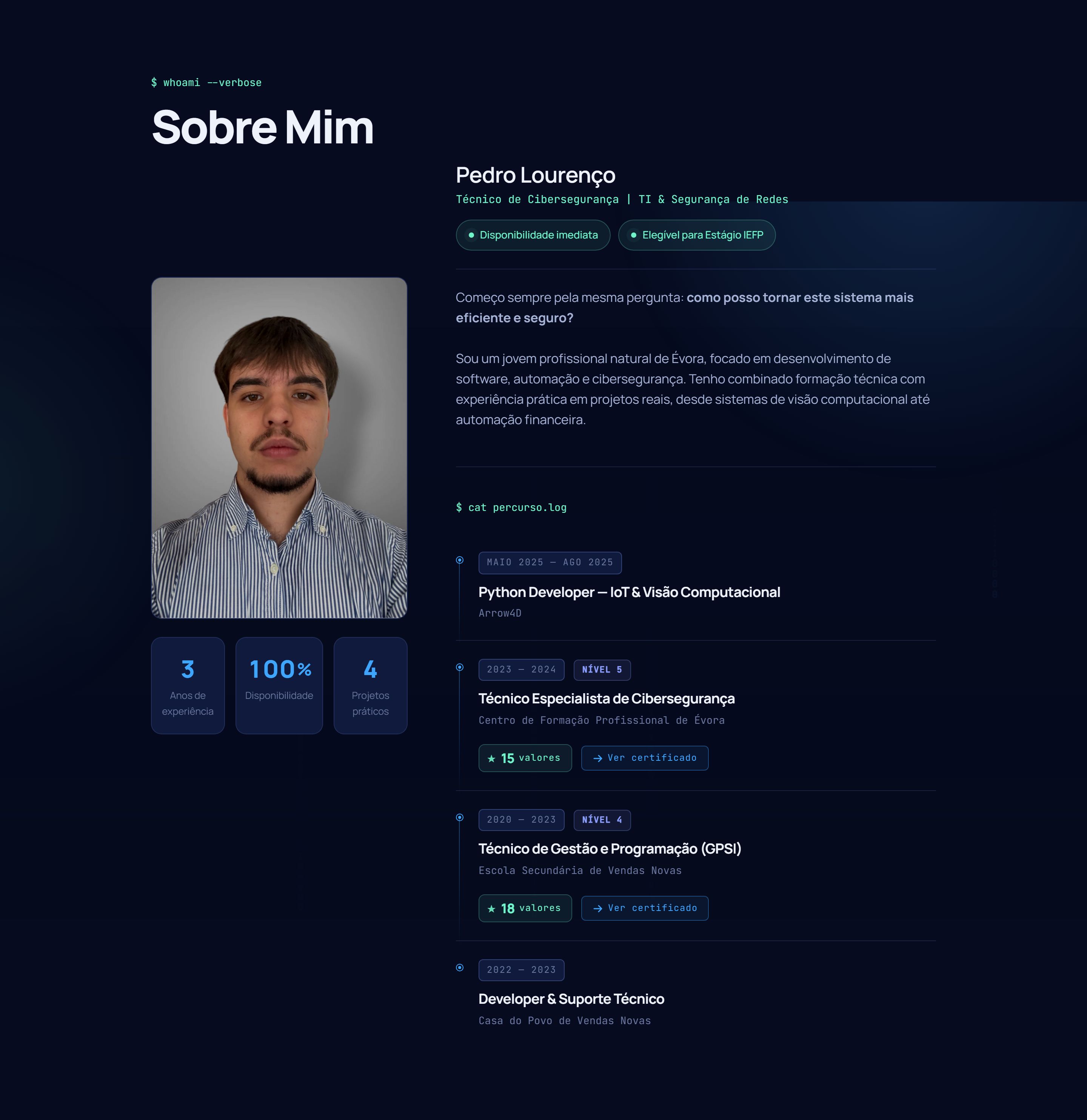 Sobre mim, com contadores tipo odómetro e linha do tempo