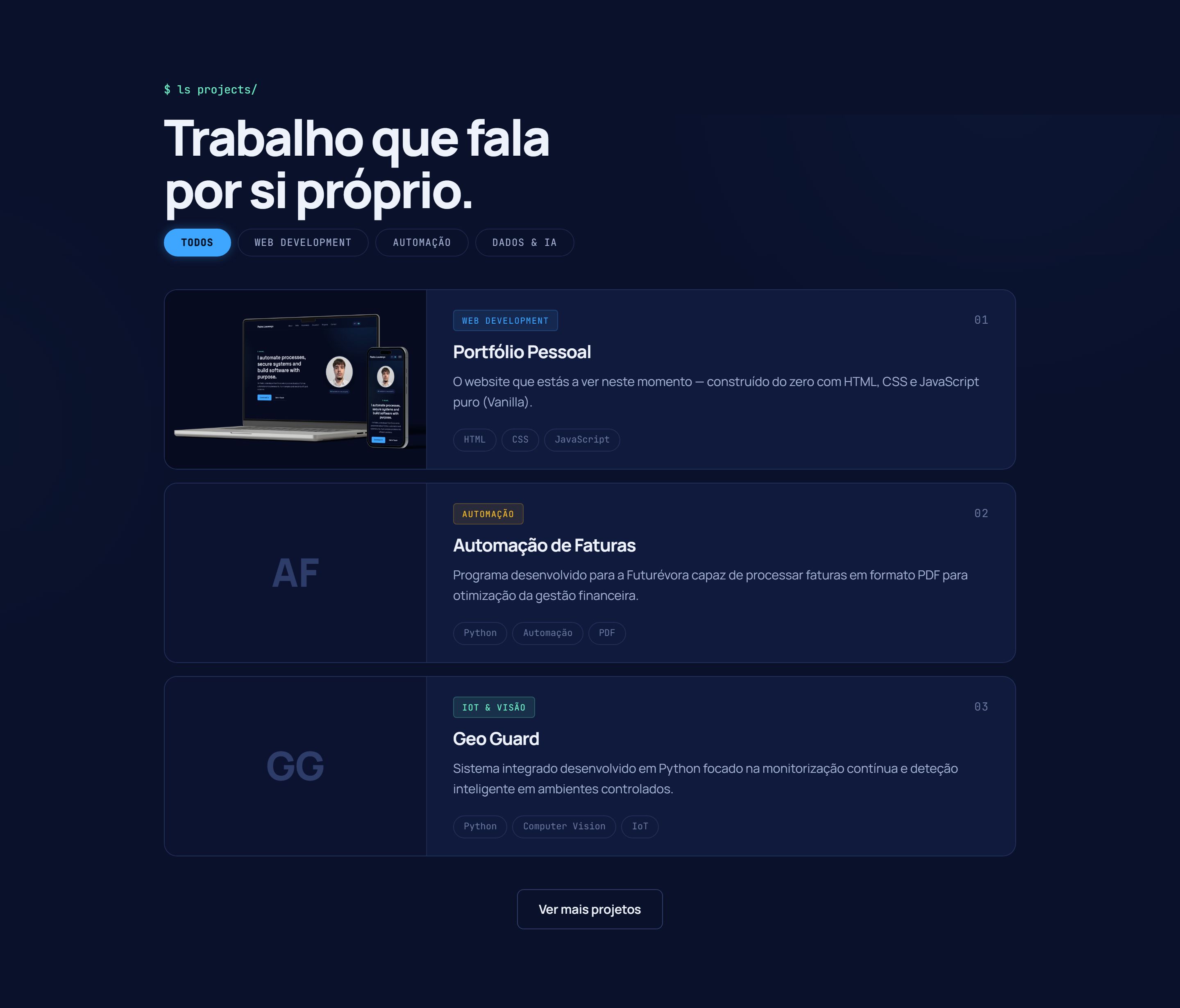 Projetos com filtros por categoria e cartões horizontais